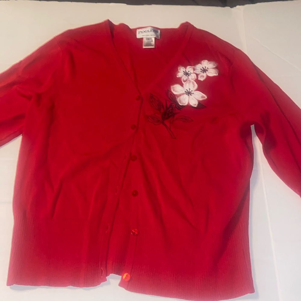 Pendleton red cardigan sweater with floral embroidery size L